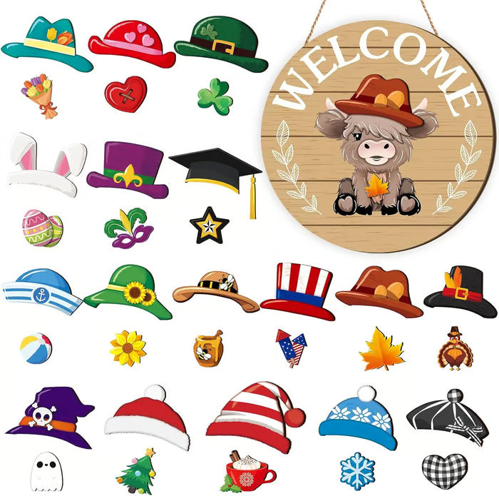 🐇 Paasuitverkoop💥Welkomstbord met Schotse hooglandkoe, verwisselbaar met magneet, afneembare hoedjes, schattige hangende koeien