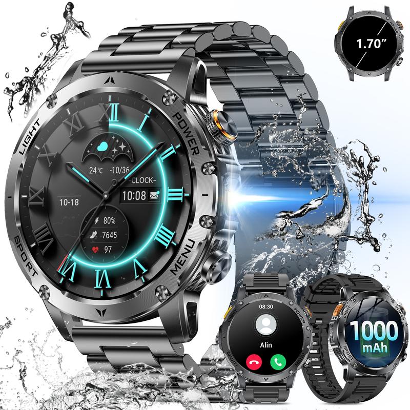 Men's military-style smartwatch with a 1,100-mAh battery, 1.7-inch AMOLED display, LED flashlight, IP68 water resistance, fitness watch with phone functionality, over 110 sport modes, heart rate and sleep tracking, compatible with iOS and Android
