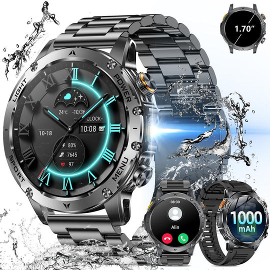 Men's military-style smartwatch with a 1,100-mAh battery, 1.7-inch AMOLED display, LED flashlight, IP68 water resistance, fitness watch with phone functionality, over 110 sport modes, heart rate and sleep tracking, compatible with iOS and Android