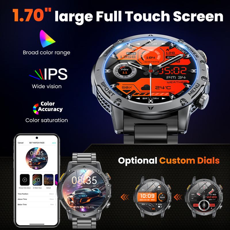 Men's military-style smartwatch with a 1,100-mAh battery, 1.7-inch AMOLED display, LED flashlight, IP68 water resistance, fitness watch with phone functionality, over 110 sport modes, heart rate and sleep tracking, compatible with iOS and Android