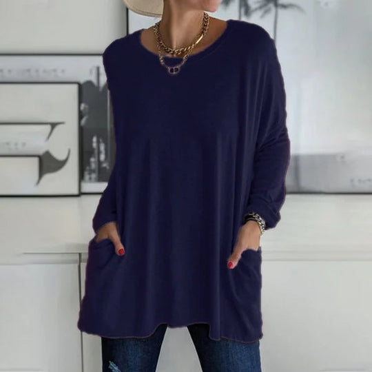 💞 Women's Round Neck Long Sleeve Loose Pocket T-Shirt