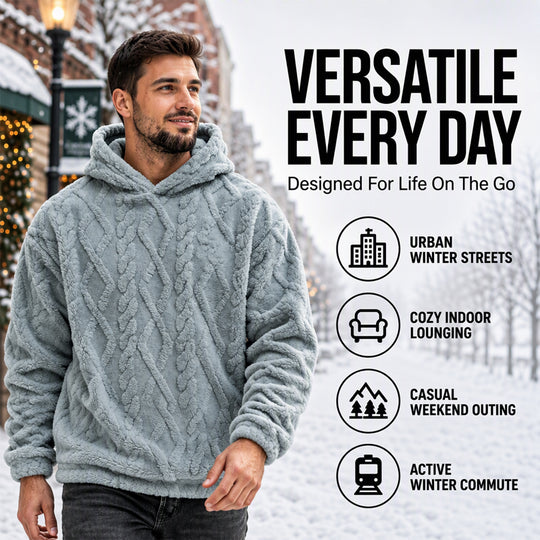 Men's Winter Fodrad Lined Hoodie Jacquard Pattern Long Sleeve Pullover Sweatshirt for Casual Outdoor Wear
