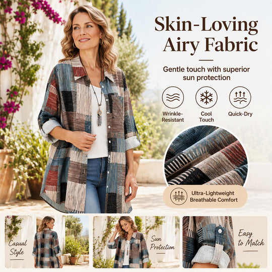 Casual Loose Fit Plaid Long Sleeve Shirt Plus Size Sun Protection Outerwear for Spring and Autumn