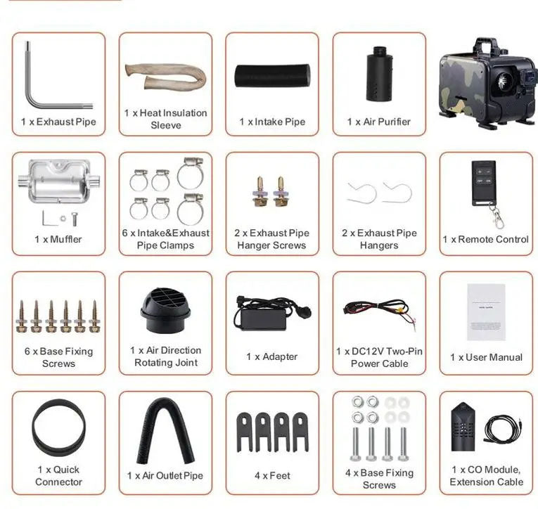 8KW Diesel Air Heater, Upgraded 110V Adapter & CO Alarm, 12-24V All in One Diesel Air Heater, with Bluetooth APP/Remote Control and Display Screen, Fast Heating Portable Diesel Heater for Vehicles and Outdoors