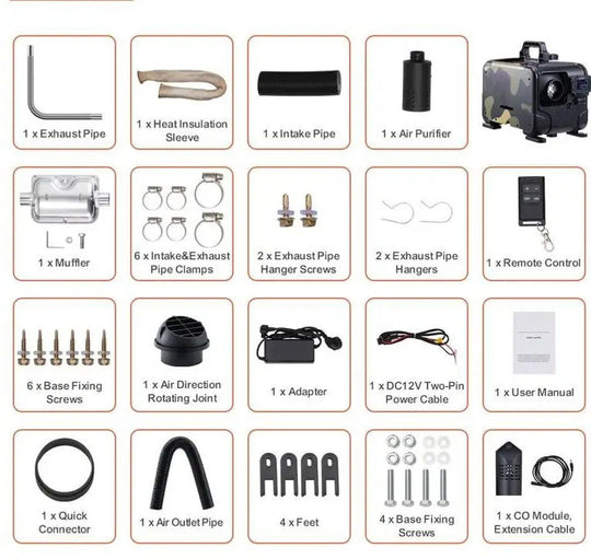 8KW Diesel Air Heater, Upgraded 110V Adapter & CO Alarm, 12-24V All in One Diesel Air Heater, with Bluetooth APP/Remote Control and Display Screen, Fast Heating Portable Diesel Heater for Vehicles and Outdoors