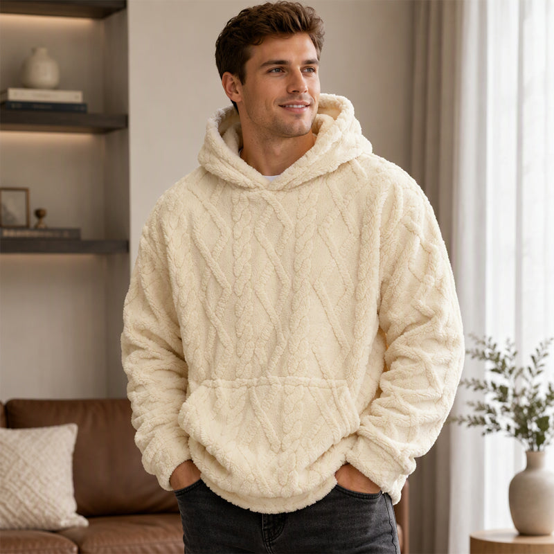 Men's Winter Fodrad Lined Hoodie Jacquard Pattern Long Sleeve Pullover Sweatshirt for Casual Outdoor Wear