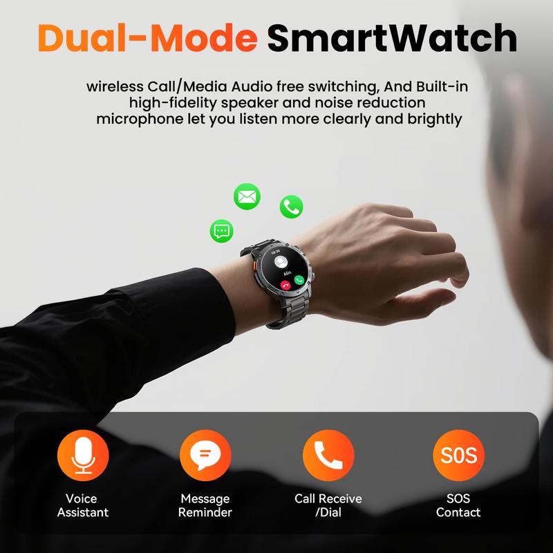 Men's military-style smartwatch with a 1,100-mAh battery, 1.7-inch AMOLED display, LED flashlight, IP68 water resistance, fitness watch with phone functionality, over 110 sport modes, heart rate and sleep tracking, compatible with iOS and Android