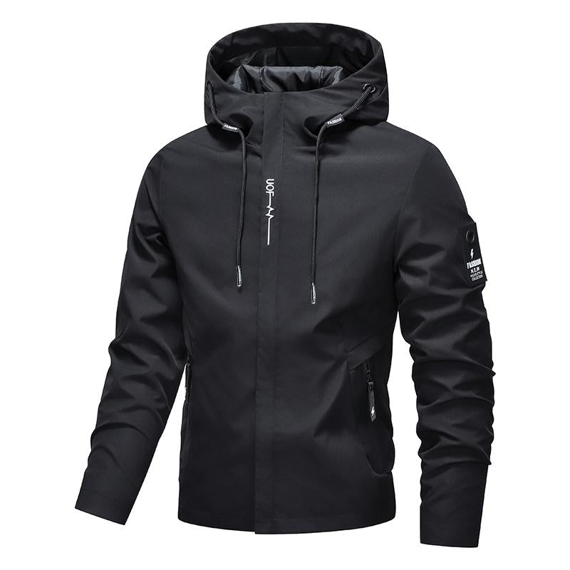 Chaqueta con capucha e cremalleira para homes de cor lisa impermeable e resistente ao vento