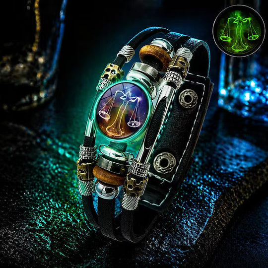 💥Last-Day Sale – 30% Off ☪️Glow-in-the-Dark Leather Zodiac Sign Bracelet For Men and Women (6.9/8.1 inches)♑️