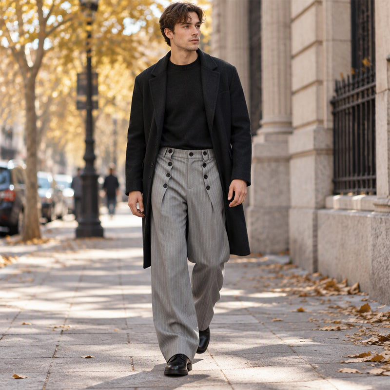 💼 Tailored Waist, Effortless Drape | Men's Double-Breasted High-Waist Pants