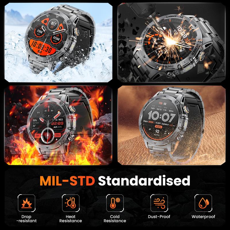 Men's military-style smartwatch with a 1,100-mAh battery, 1.7-inch AMOLED display, LED flashlight, IP68 water resistance, fitness watch with phone functionality, over 110 sport modes, heart rate and sleep tracking, compatible with iOS and Android