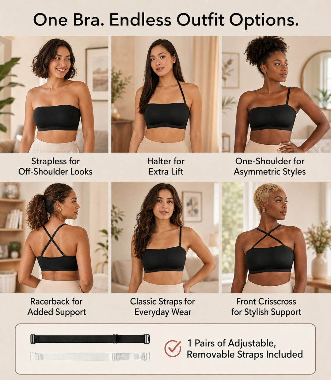 Anti-Slip Grip & Removable Straps✨Convertible Strapless Bandeau Bra with Wireless Comfort👍Suitable for All Body Types.🌹Buy 2 Get Free Shipping