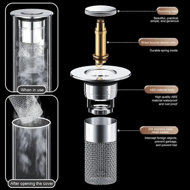 🔥Bathroom Sink Stopper Hair Catcher, Universal Pop Up Sink Drain Filter with Stainless Steel Filter Basket, Bathroom Sink Drain Strainer
