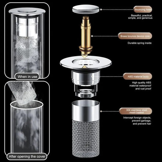 🔥Bathroom Sink Stopper Hair Catcher, Universal Pop Up Sink Drain Filter with Stainless Steel Filter Basket, Bathroom Sink Drain Strainer