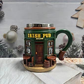Irish Pub 3D Resin Coffee Mug St. Patricks Day Shamrock Beer Stein Style Cup, Green Irish Festival Drinkware, Vintage Leprechaun Pub Mug for Home Bar, Holiday Party Gift