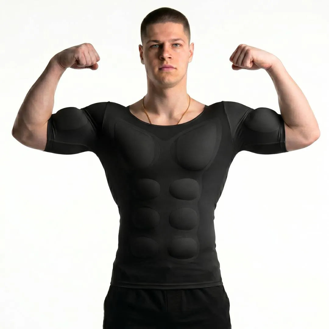 💪Men's Removable Padded Compression Shirt – Muscle Shaper Bodybuilder Tee, Seamless Short Sleeve, Slim Fit, 4-Way Stretch