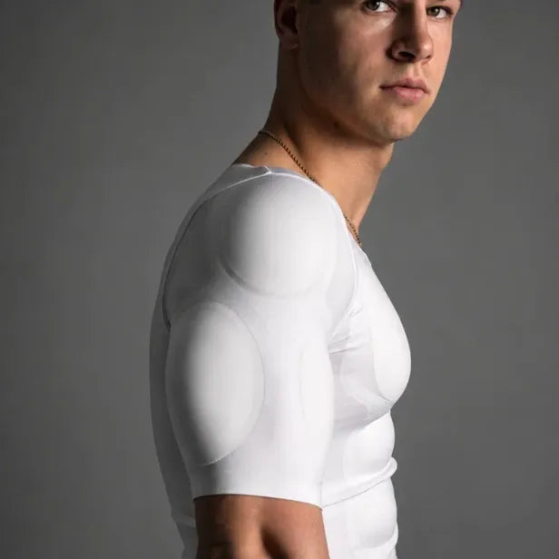 💪Men's Removable Padded Compression Shirt – Muscle Shaper Bodybuilder Tee, Seamless Short Sleeve, Slim Fit, 4-Way Stretch