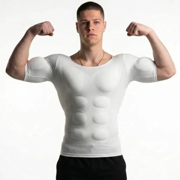 💪Men's Removable Padded Compression Shirt – Muscle Shaper Bodybuilder Tee, Seamless Short Sleeve, Slim Fit, 4-Way Stretch