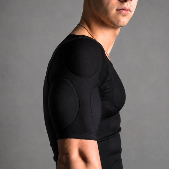 💪Men's Removable Padded Compression Shirt – Muscle Shaper Bodybuilder Tee, Seamless Short Sleeve, Slim Fit, 4-Way Stretch