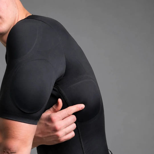 💪Men's Removable Padded Compression Shirt – Muscle Shaper Bodybuilder Tee, Seamless Short Sleeve, Slim Fit, 4-Way Stretch
