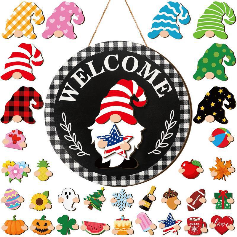 🍁Christmas Best Decorations🎄Interchangeable Wooden Gnome Welcome Sign🎈
