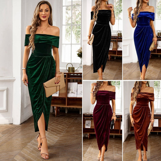 💃Women's Elegant Off The Shoulder Ruched Velvet Dress