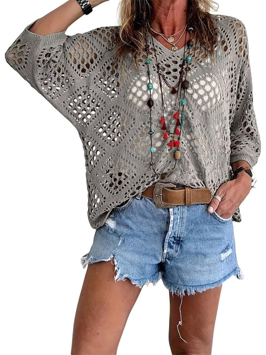 ⏰Last day sale 20% OFF🔥Hot Sale-Womens Bohemian-Inspired Beige Crochet Top with V-Neck