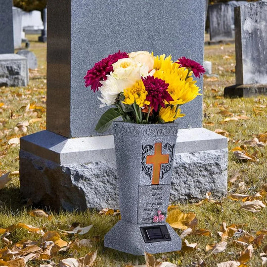 Solar LED Grave Vase with Ground Spike for Cemetery Headstones – Memorial Flower Holder