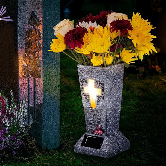 Solar LED Grave Vase with Ground Spike for Cemetery Headstones – Memorial Flower Holder