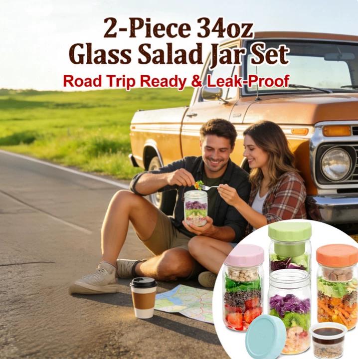🥗Two-Piece Glass Salad Jar Set – 34oz Capacity, Leak-Proof & Perfect for Meal Prep