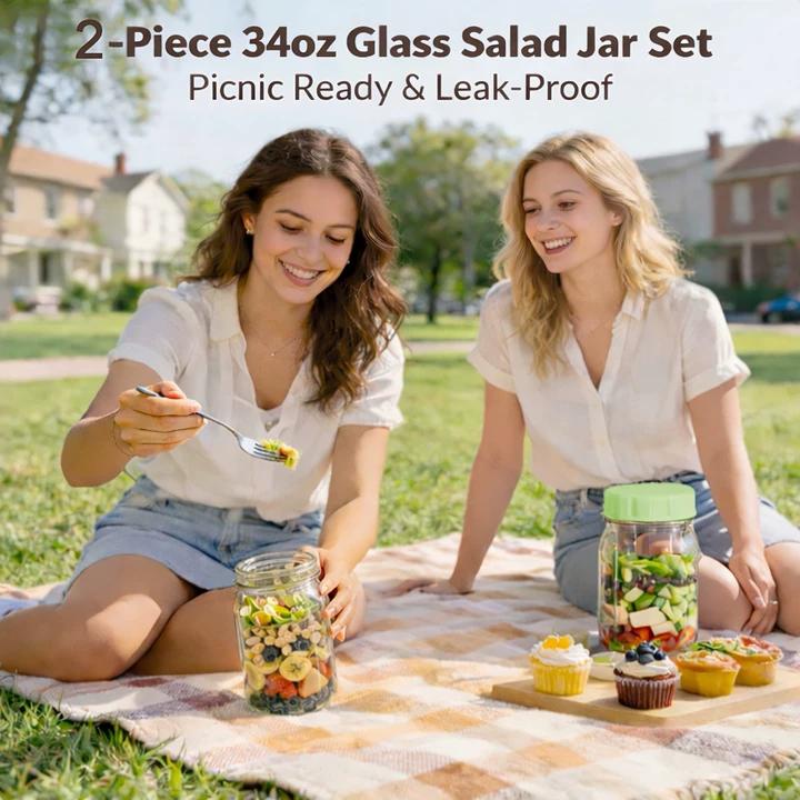 🥗Two-Piece Glass Salad Jar Set – 34oz Capacity, Leak-Proof & Perfect for Meal Prep