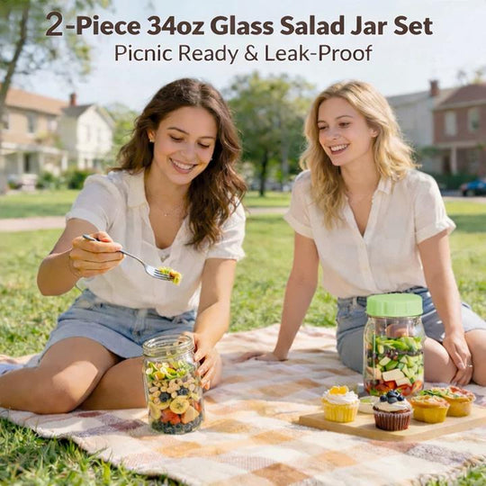 🥗Two-Piece Glass Salad Jar Set – 34oz Capacity, Leak-Proof & Perfect for Meal Prep