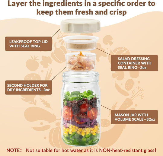 🥗Two-Piece Glass Salad Jar Set – 34oz Capacity, Leak-Proof & Perfect for Meal Prep