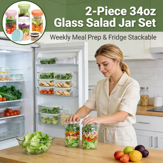 🥗Two-Piece Glass Salad Jar Set – 34oz Capacity, Leak-Proof & Perfect for Meal Prep