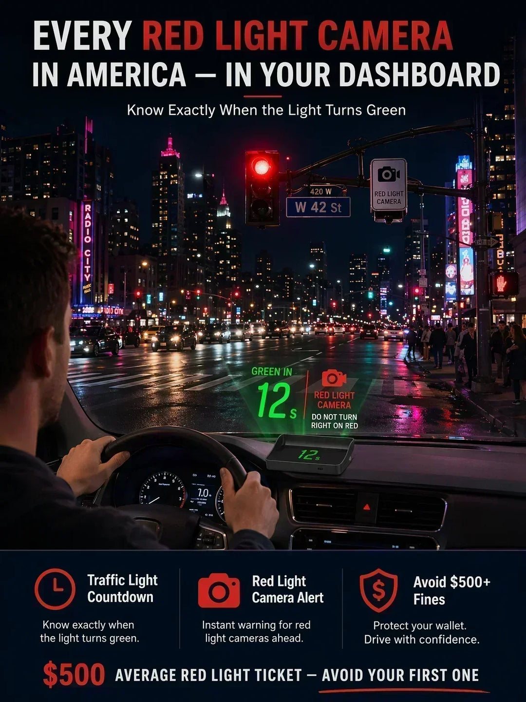 🚗50% OFF NOW! Head-Up Display Car GPS Digital Speedometer – Traffic Light Countdown & Red Light Camera Alert HUD, Universal Driver Safety Warning Device to Avoid Tickets for City Driving