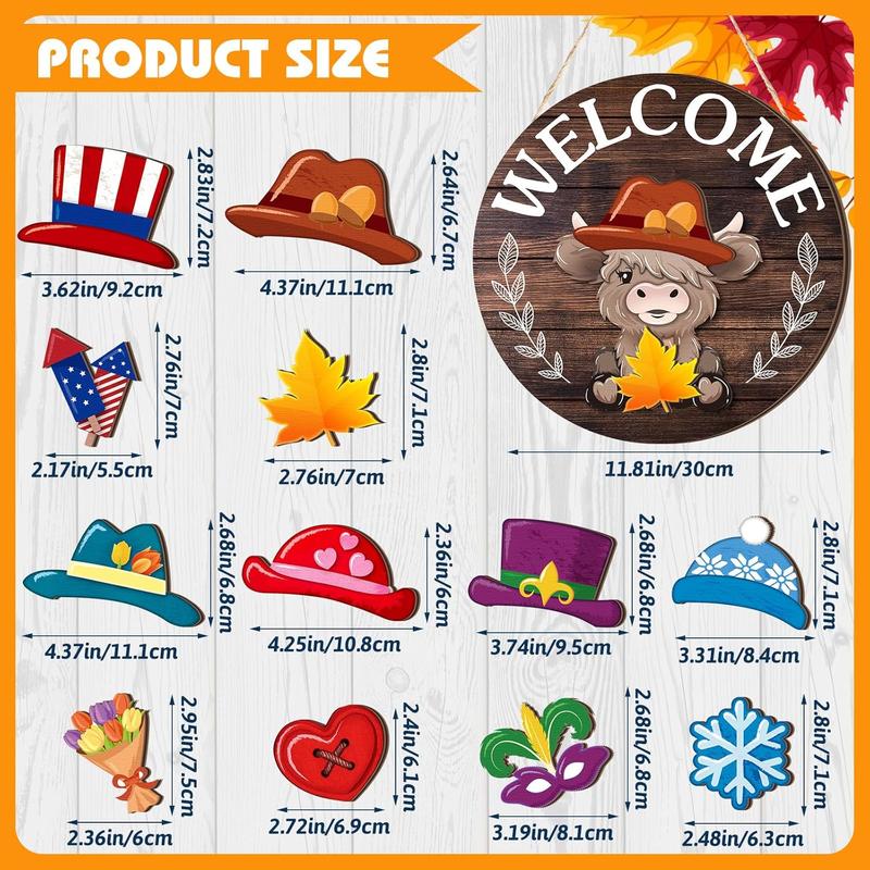 🐇 Paasuitverkoop💥Welkomstbord met Schotse hooglandkoe, verwisselbaar met magneet, afneembare hoedjes, schattige hangende koeien