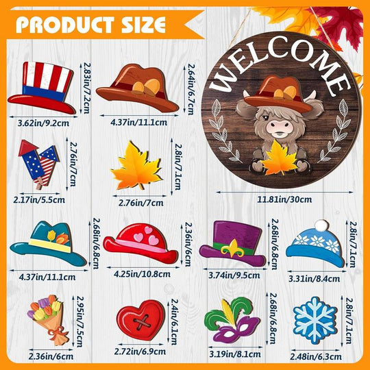 🐇 Paasuitverkoop💥Welkomstbord met Schotse hooglandkoe, verwisselbaar met magneet, afneembare hoedjes, schattige hangende koeien