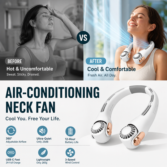 📢📢50% OFF !! ⏰360° Rotating Neck Fan, Ultra Quiet 3 Speeds, Long Battery Hands-Free Summer Cooler 😎🌬️