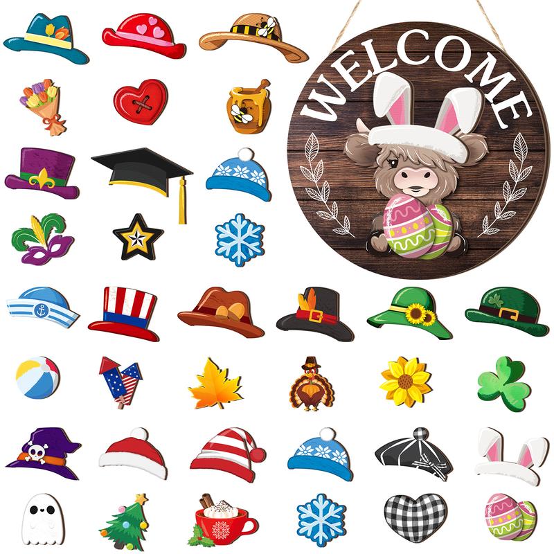 🐇 Paasuitverkoop💥Welkomstbord met Schotse hooglandkoe, verwisselbaar met magneet, afneembare hoedjes, schattige hangende koeien