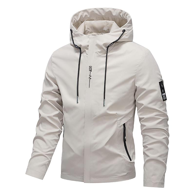 Chaqueta con capucha e cremalleira para homes de cor lisa impermeable e resistente ao vento
