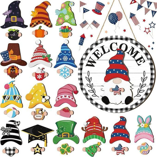 🍁Christmas Best Decorations🎄Interchangeable Wooden Gnome Welcome Sign🎈