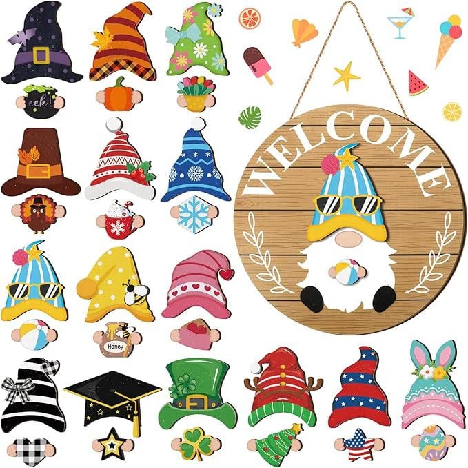 🍁Christmas Best Decorations🎄Interchangeable Wooden Gnome Welcome Sign🎈