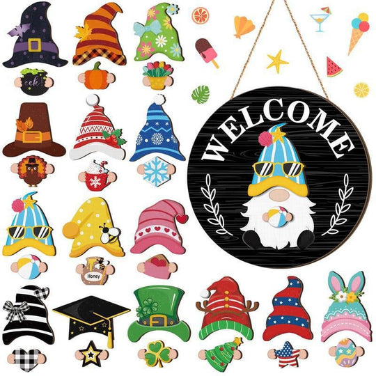 🍁Christmas Best Decorations🎄Interchangeable Wooden Gnome Welcome Sign🎈