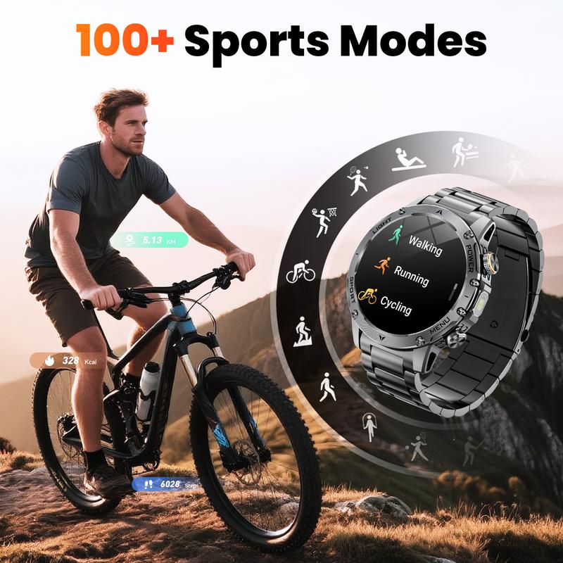 Men's military-style smartwatch with a 1,100-mAh battery, 1.7-inch AMOLED display, LED flashlight, IP68 water resistance, fitness watch with phone functionality, over 110 sport modes, heart rate and sleep tracking, compatible with iOS and Android