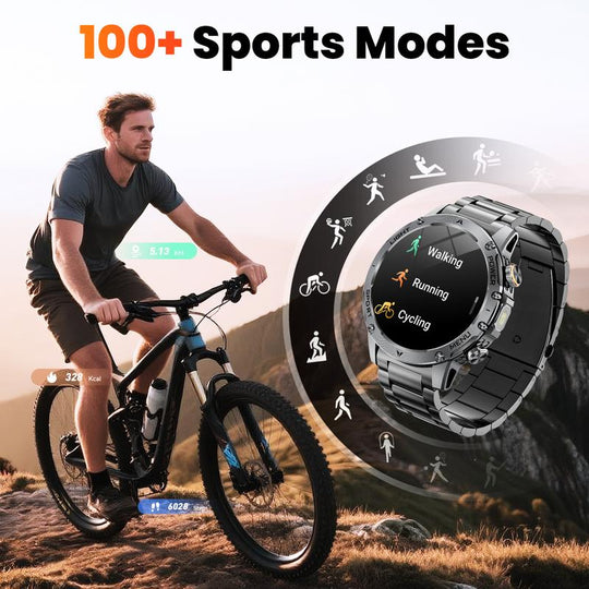 Men's military-style smartwatch with a 1,100-mAh battery, 1.7-inch AMOLED display, LED flashlight, IP68 water resistance, fitness watch with phone functionality, over 110 sport modes, heart rate and sleep tracking, compatible with iOS and Android