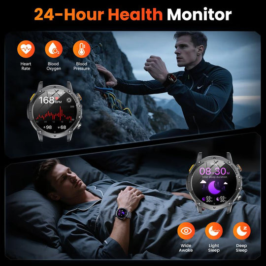 Men's military-style smartwatch with a 1,100-mAh battery, 1.7-inch AMOLED display, LED flashlight, IP68 water resistance, fitness watch with phone functionality, over 110 sport modes, heart rate and sleep tracking, compatible with iOS and Android