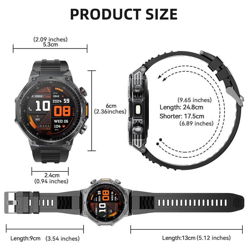 Men's military-style smartwatch with a 1,100-mAh battery, 1.7-inch AMOLED display, LED flashlight, IP68 water resistance, fitness watch with phone functionality, over 110 sport modes, heart rate and sleep tracking, compatible with iOS and Android