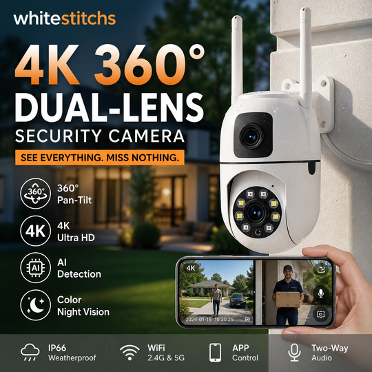 🔍🔍360° Pan & Tilt 4K Dual Lens Security Camera – Outdoor WiFi Surveillance Camera