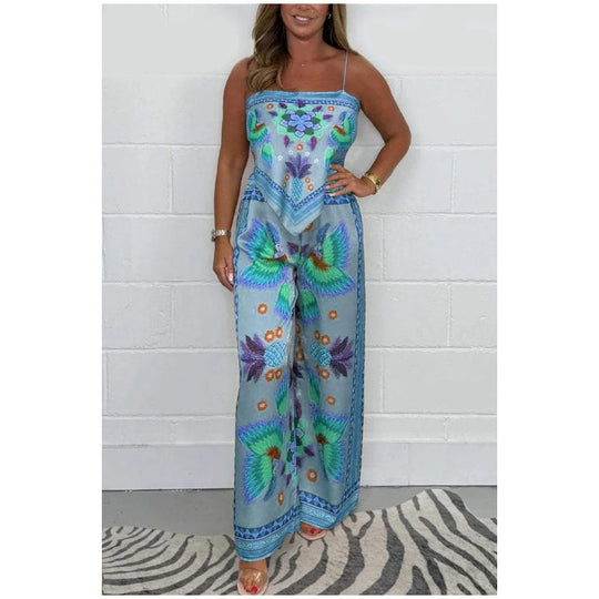 🔥New Arrival 50% OFF⚡50K+ SOLD!💝Spaghetti Strap Printed Top & Loose Women's Pants 2-Piece Set