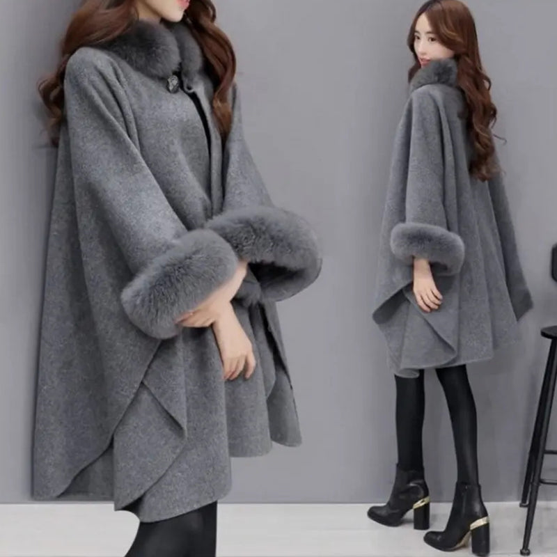 💖Best Gift💖  Elegant Solid Color Faux Fur Collar Loose Poncho Coat⏳Limited-time 65% off⏰